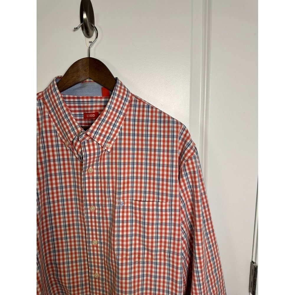 IZOD Mens XL Long Sleeve Button Down Shirt Red White Blue Plaid 100% Cotton - Picture 1 of 6